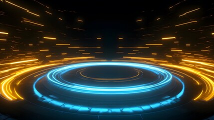 Obraz premium Technology yellow and blue circle light stage on black background