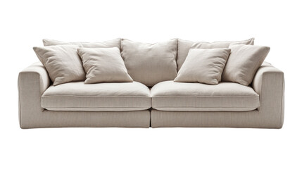 Fototapeta premium A modern, comfortable beige sofa with many soft pillows, perfect for relaxing at home. 