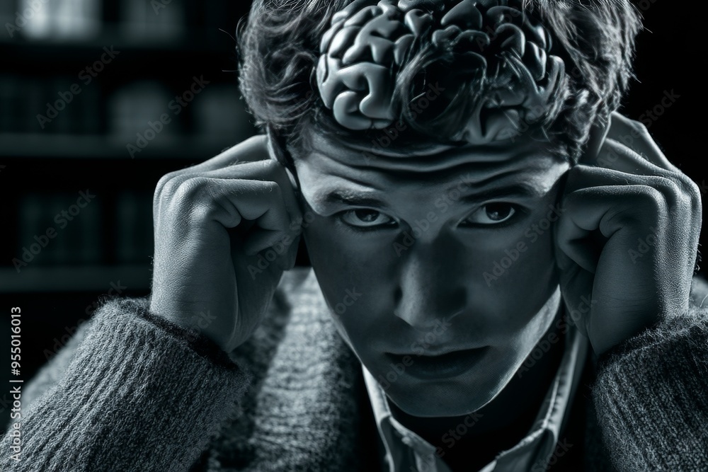 Poster Frontotemporal dementia Insight Black and white portrait of a man with his hands on his head symbolizing the mental strain of overthinking and the challenge of mental clarity