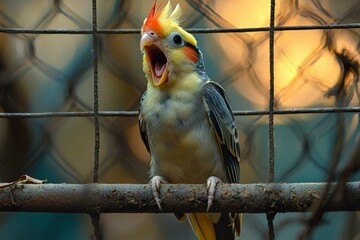 A Cockatiel Perched on a Branch with its Mouth Open in a Cage