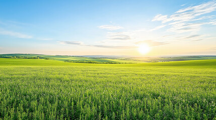 Obraz premium Panoramic landscape view of the Sturgeon River Valley with canola crops in full bloom at sunset