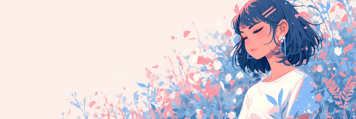 Obraz premium Calming Anime Design Pastel Colors for Mental Health and Wellness, Background, Anime Girl