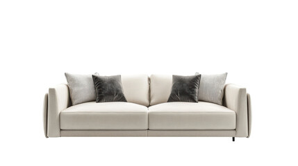 A luxurious and comfortable white sofa, adorned with plush grey cushions, exudes an aura of elegance and relaxation, making it a perfect centerpiece for any modern living room. 
