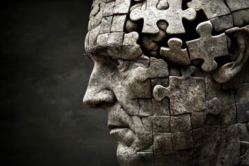 Lewy body dementia Insight Abstract art of a stone head with puzzle pieces symbolizing the enduring nature of thought and the challenge of intellectual development
