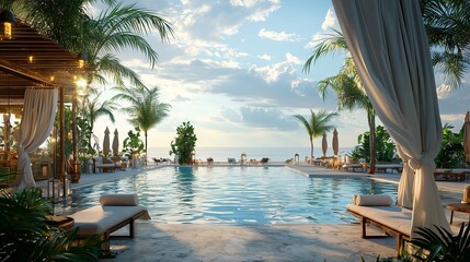 Fototapeta premium Swimming pool open-air restaurant and beach of luxury hotel te.