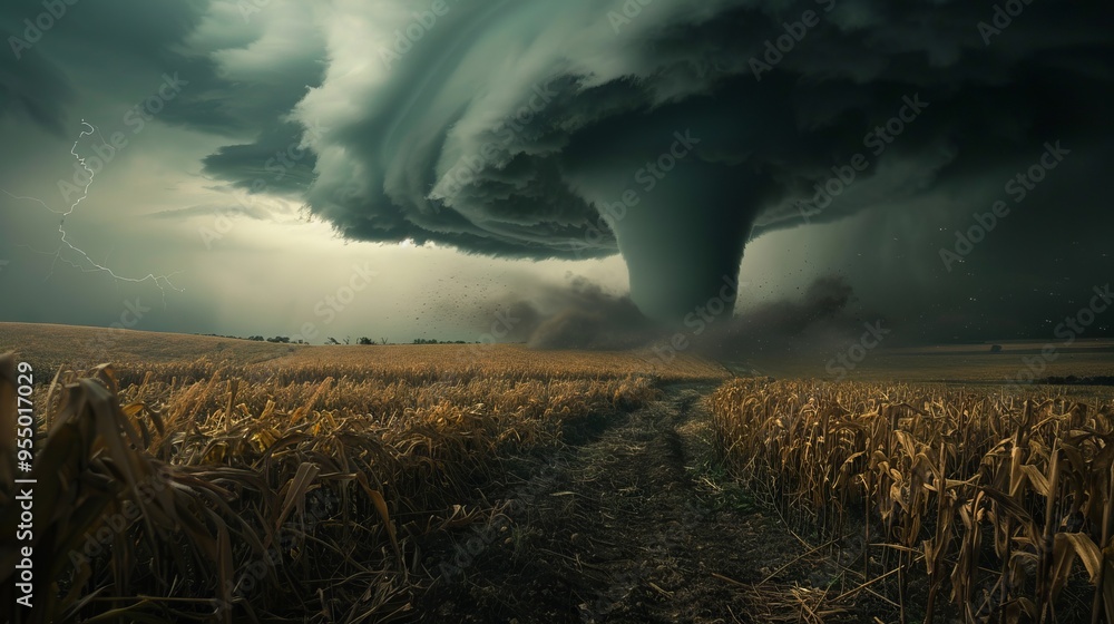 Poster a tornado is blowing through a field of corn