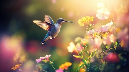 Naklejka premium Hummingbird in Flight with Flowers