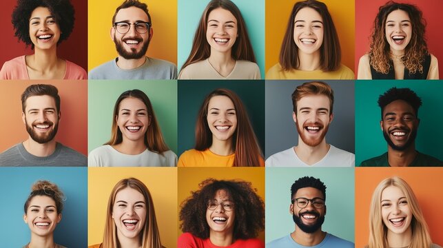 Collage of diversed people expressing positive emotions.