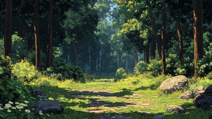 A sunlit forest path with lush greenery and wildflowers leads into the distance, perfect for nature-themed projects, relaxation, and outdoor adventure content,