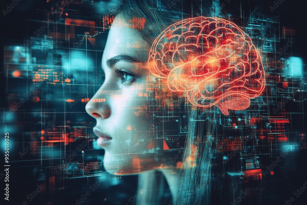 Poster epilepsy insight futuristic portrait of a woman with glowing neural connections symbolizing the dyna