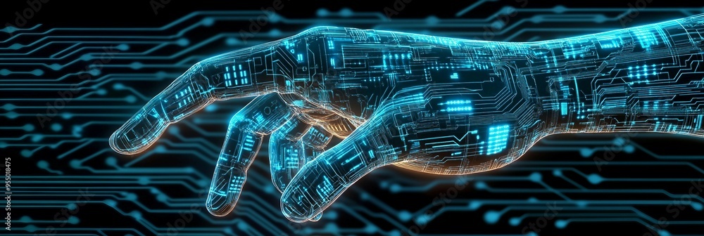 Poster blend of digital circuit board and human hand, the integration of technology into daily life. human 