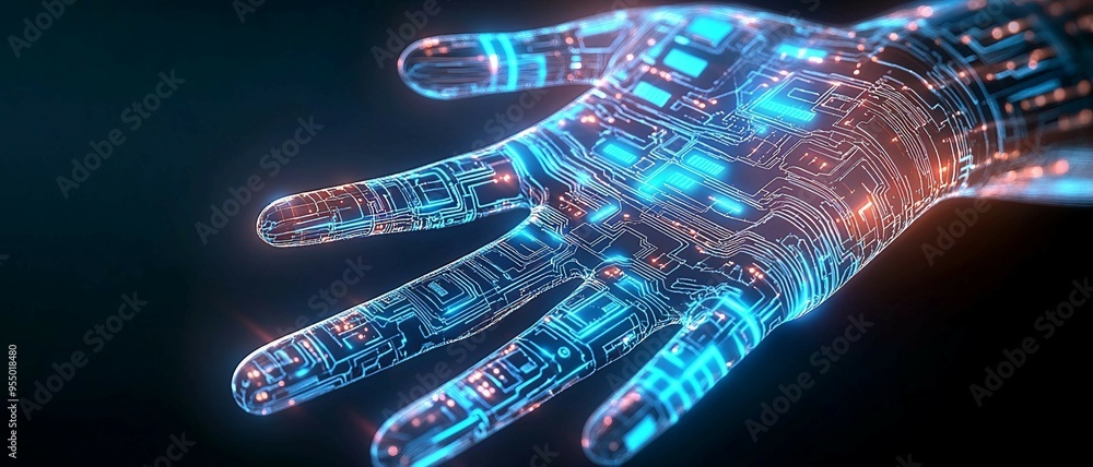 Poster blend of digital circuit board and human hand, the integration of technology into daily life. human 