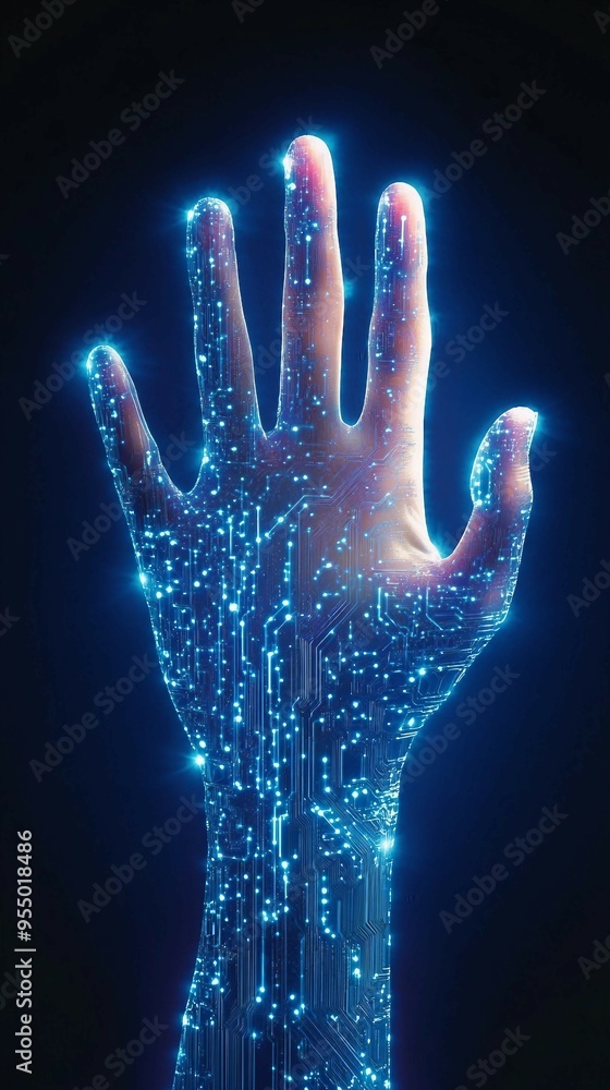 Poster blend of digital circuit board and human hand, the integration of technology into daily life. human 