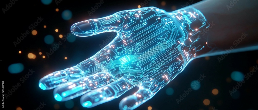 Poster blend of digital circuit board and human hand, the integration of technology into daily life. human 