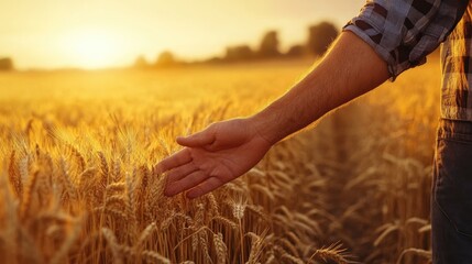 Male farmer touching wheat in his field, with golden sunlight highlighting the importance of agriculture and connection to the land