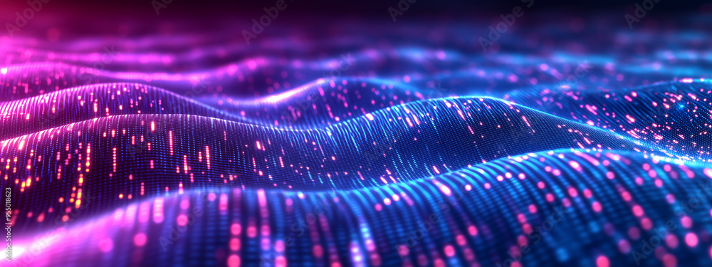 Poster abstract visualization of tech data stream with flowing wavy lines in pink and blue, computer digita