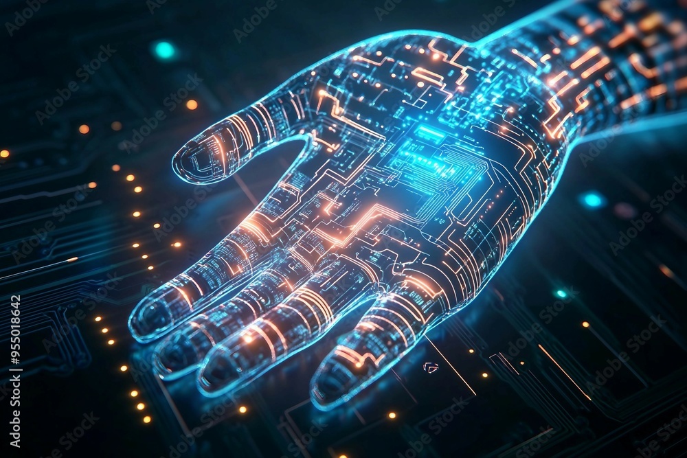 Poster blend of digital circuit board and human hand, the integration of technology into daily life. human 