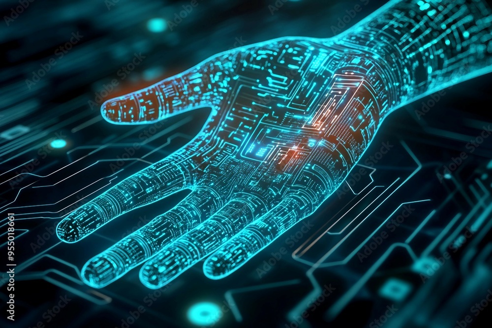 Poster blend of digital circuit board and human hand, the integration of technology into daily life. human 