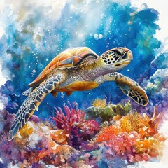 Fototapeta premium A colorful watercolor illustration showcases a sea turtle swimming over vibrant coral reefs, the image can be used for environmental awareness, ocean conservation, or educational materials,