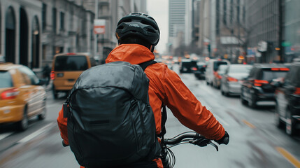Fototapeta premium Delivery Biker Navigating Through Heavy Traffic