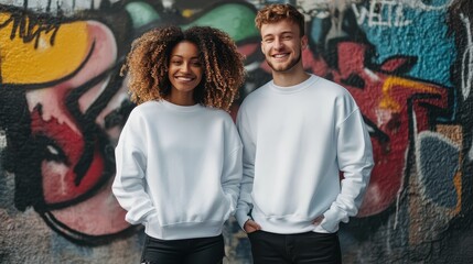 A young couple wearing matching white sweatshirts stands happily in front of colorful graffiti, exuding a trendy and casual vibe