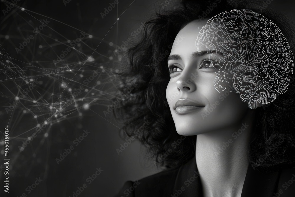 Poster astrocytoma insight cinematic portrait of a woman with a glowing brain made of neural networks symbo