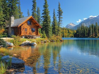 Obraz premium A cozy log cabin beside a sparkling lake surrounded by a pine forest and blue sky