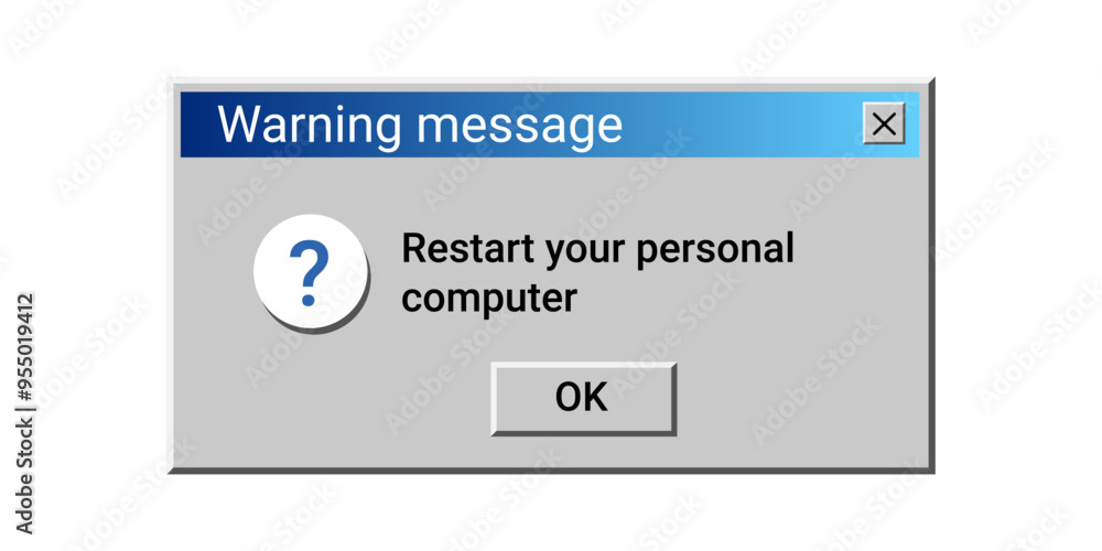 Poster Computer restart warning message. Old window notification in retro style. Desktop pop up window.