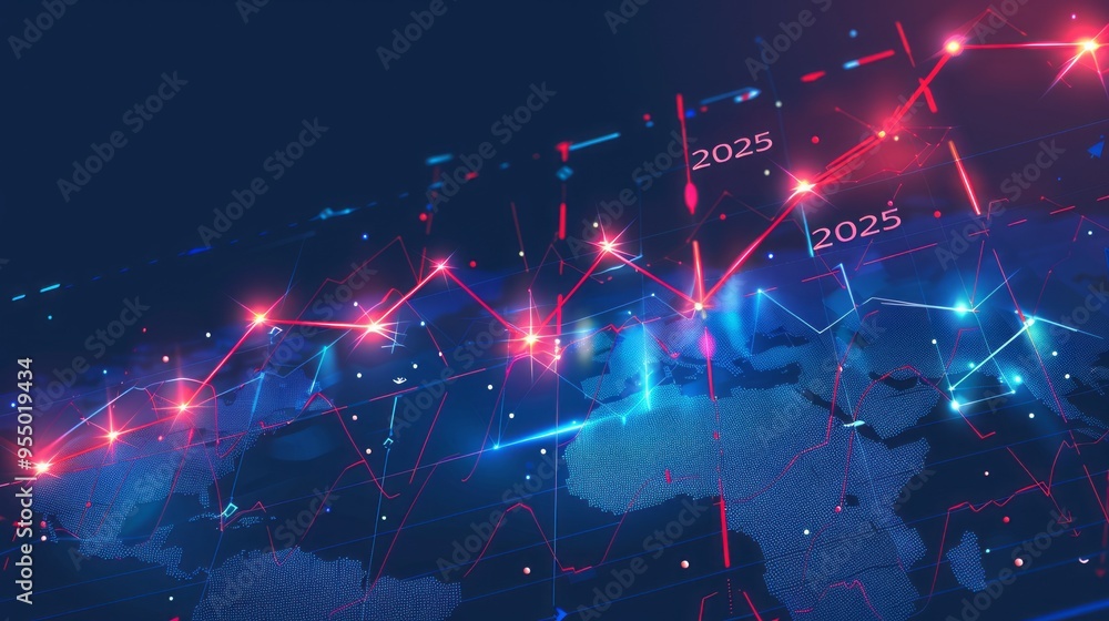 Poster A blue and red graph with the numbers 2025 and 2023 on it