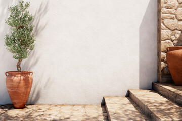 Empty stucco wall and stone floor of mediterranean traditional home exterior. Tropical and desert minimal architecture design background.