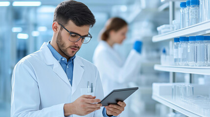Fototapeta premium Scientist working on digital tablet while standing with coworker in background at laboratory