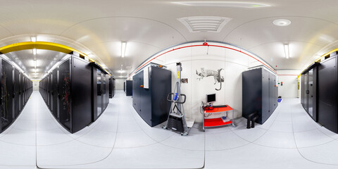 Network servers in a data center. Tier III carrier neutral data center. Server rooms.. 360 degrees...