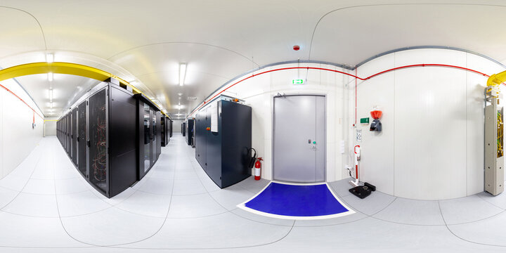 Network servers in a data center. Tier III carrier neutral data center. Server rooms.. 360 degrees panorama	