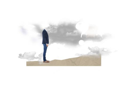 Photo banner template collage of young businessman headless surreal complicated question mark puzzled isolated on blue color background