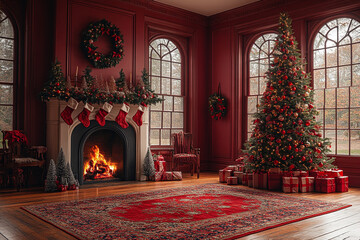 Christmas tree and decorations next to fireplace