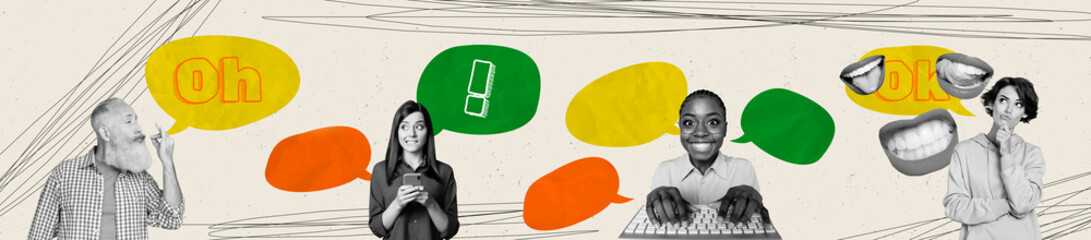 Creative abstract template collage panorama of speech bubble communication teamwork unusual fantasy...