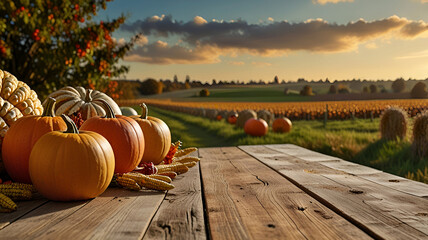 Thanksgiving With Pumpkins Apples And Corncobs On Wooden Table With Field, Autumn harvest. Ai generative