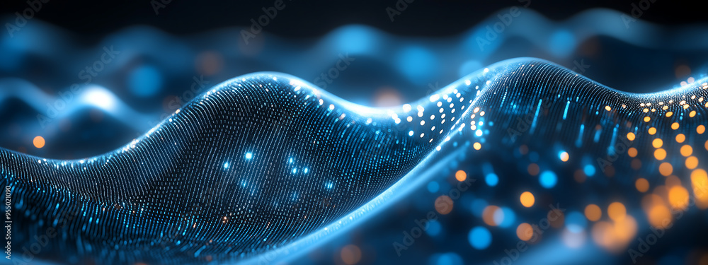 Poster abstract visualization of digital waves with glowing blue data points, computer digital screen backg
