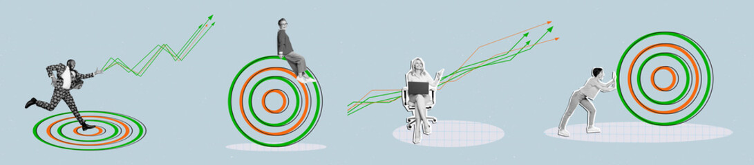 Creative trend collage panorama of marketing target working process data achieve aim weird freak...