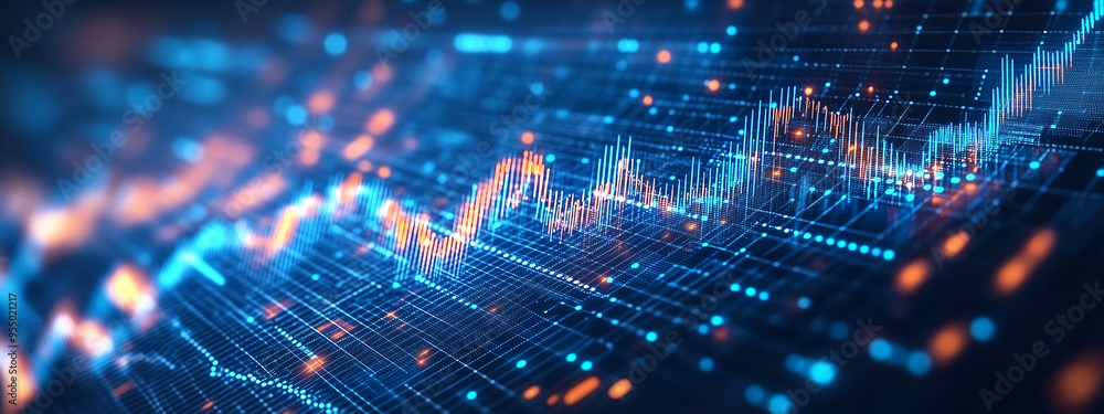 Poster abstract visualization of tech stock market data with blue and orange trends, computer digital scree
