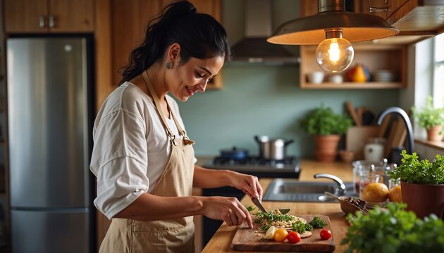 Indian women enjoy cooking meals in modern kitchen