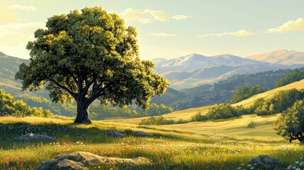 Fototapeta premium Serene landscape with a grand tree, rolling hills, and mountains beneath a clear sky, highlighting the beauty of nature