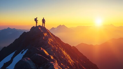 Two Hikers Silhouetted Against Majestic Mountain Sunset