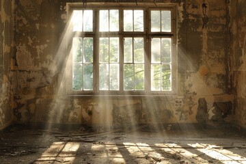 A deserted room blanketed in thick dust sunlight filtering through grimy windows