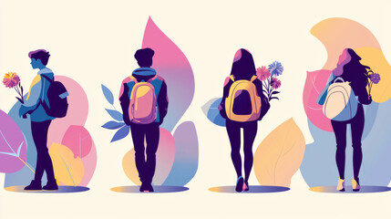 Four people are walking down a street, each carrying a backpack and a flower