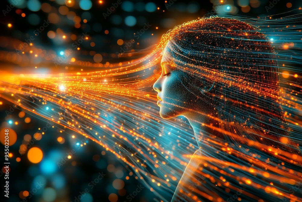 Poster cerebellum mindfulness abstract portrait of a woman with neural connections and flowing data streams