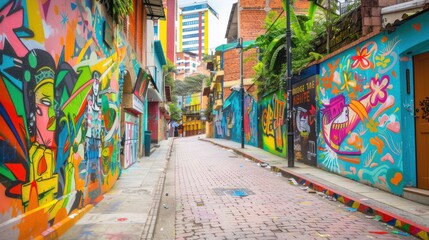 Fototapeta premium Colorful Street Art Alley in Comuna 13, Medellin, Colombia