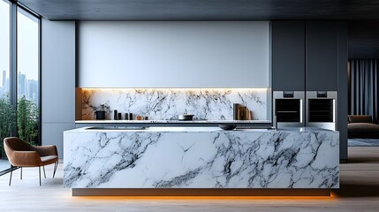 A contemporary kitchen with a marble island, stainless steel appliances, and a blank wall frame above, with natural light highlighting the sleek design