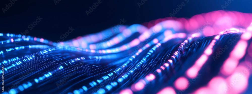 Poster abstract visualization of tech data stream with flowing wavy lines in pink and blue, computer digita