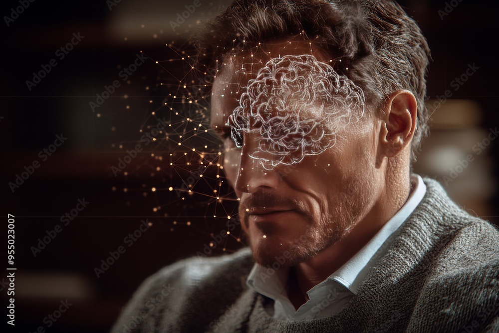 Poster Frontotemporal dementia Mindfulness Cinematic portrait of an older man with fragmented brain visuals symbolizing the impact of memory and the challenges of intellectual aging